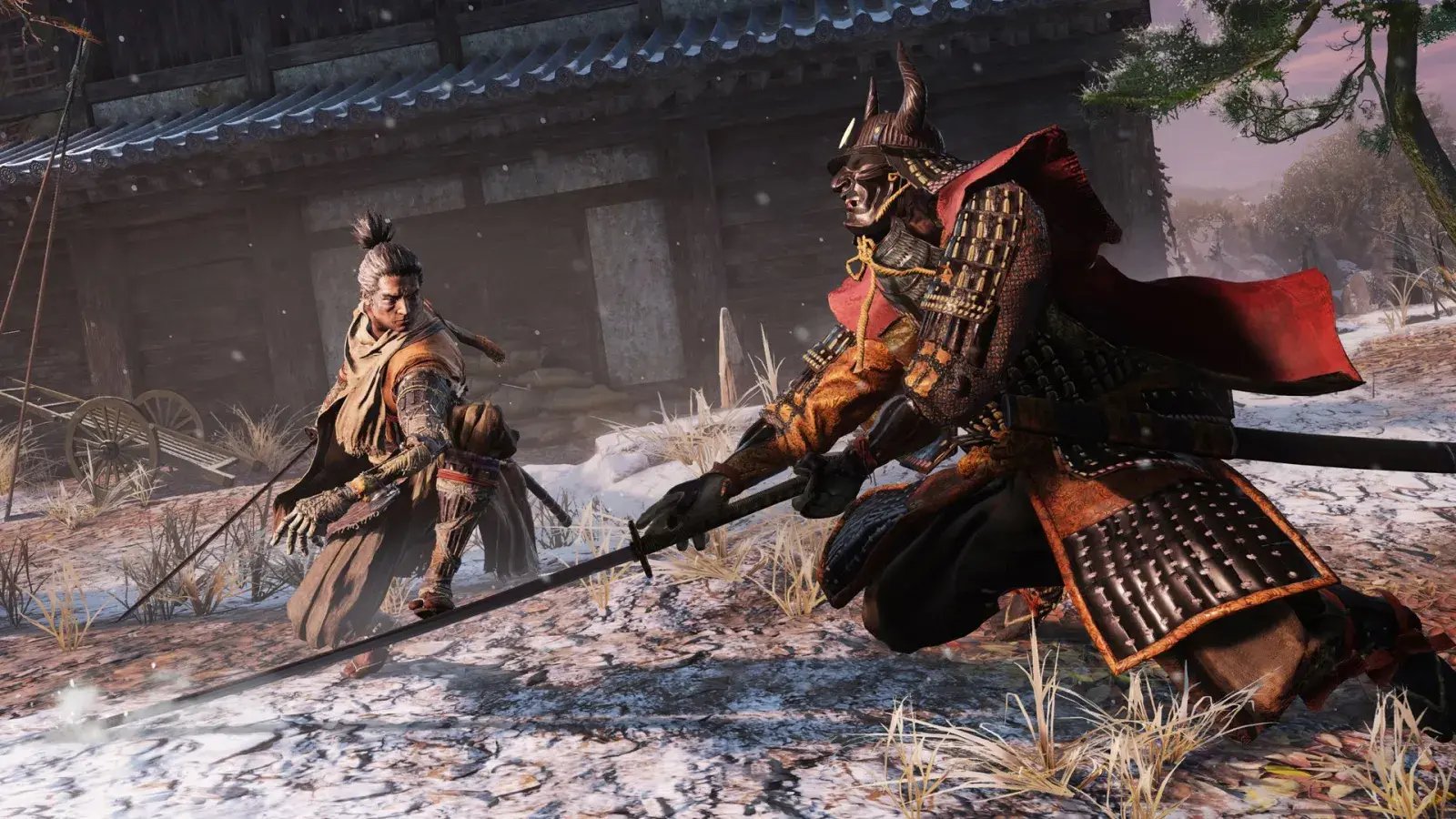 Sekiro intense katana duel in snowy environment