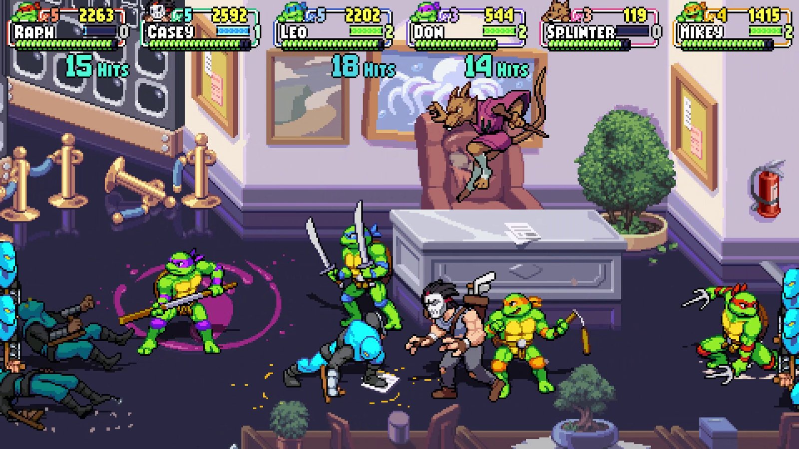 TMNT heroes fighting together in pixel art style